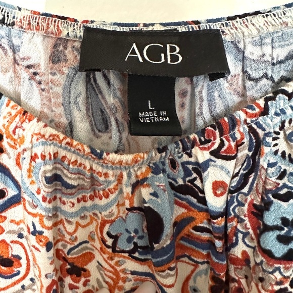 AGB Top Women Paisley Print Large Gathered neckline Long Sleeve Navy and Orange - Picture 2 of 11